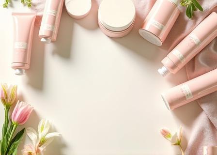 Korean cosmetics and flowers flatlay for newsletter promo